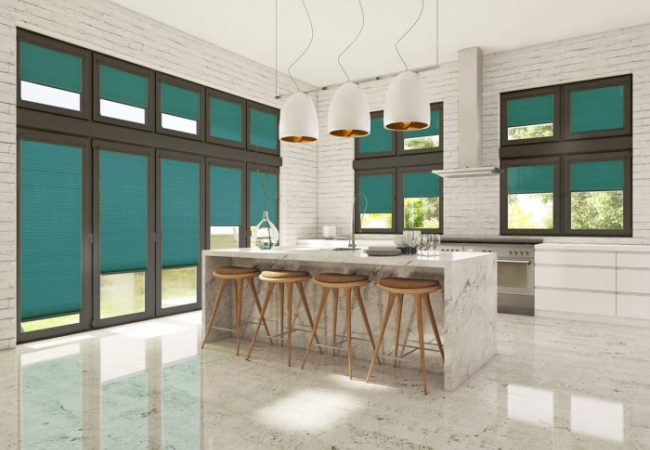 Green Intu blinds in a kitchen setting